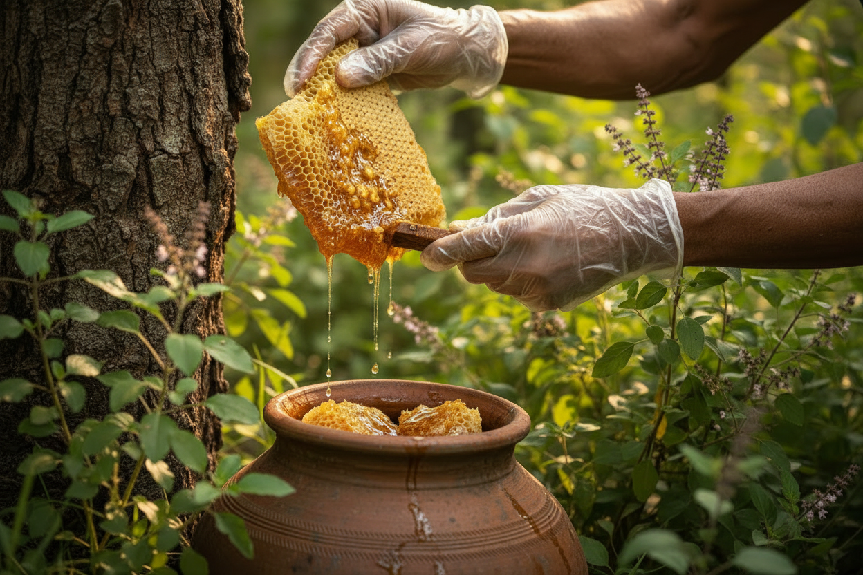 Hands with Plastic Gloves Harvesting Honeycomb