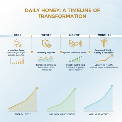 Daily honey benefits timeline with graphs
